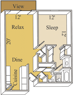 Floor plan for 1 bed, 1.3 baths, 660 sqft